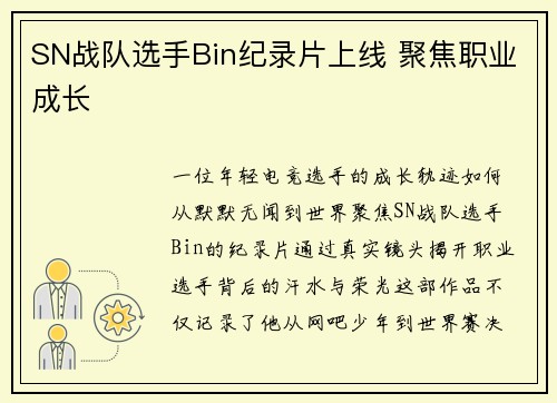 SN战队选手Bin纪录片上线 聚焦职业成长