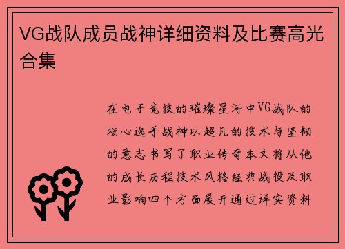 VG战队成员战神详细资料及比赛高光合集