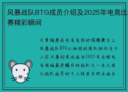 风暴战队BTG成员介绍及2025年电竞比赛精彩瞬间